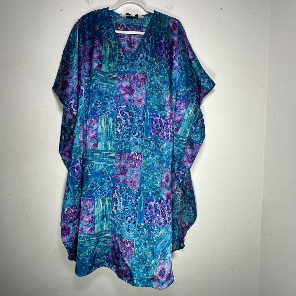 Winlar Womens Silky Floral Leopard Print Kaftan Coverup Blue Purple V-Neck